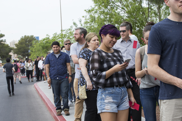 Crowds gather outside Cox Pavilion at UNLV to see Lady Gaga and Vice President Joe Biden at an event aimed at preventing sexual assault on college campuses in coordination with the It's On Us Week ...
