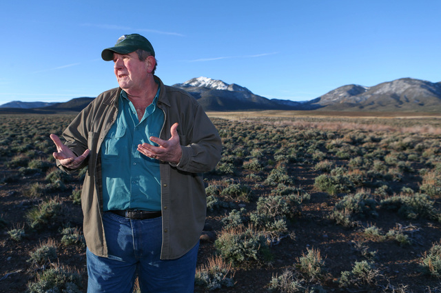 Tim Rubald with the Department of Conservation and Natural Resources talks about the declining numbers of bistate sage grouse near Smith Valley on Thursday, March 31, 2016. (Cathleen Allison/Las V ...