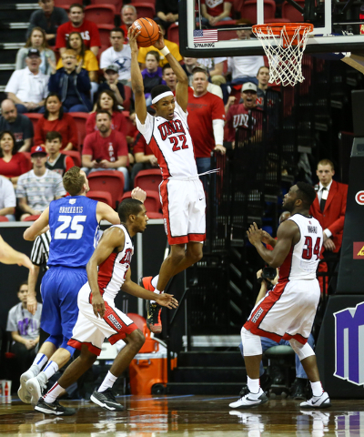 UNLV Rebels guard Patrick McCaw (22) gets a rebound against Air Force during the Mountain West Conference basketball tournament at the Thomas & Mack Center in Las Vegas on Wednesday, March 9,  ...