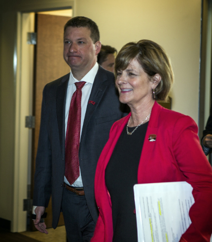 New UNLV basketball coach Chris Beard arrives at the University of Nevada Board of Regents hearing with UNLV Director of Athletics Tina Kunzer-Murphy on Friday, April 8,2016. Jeff Scheid/Las Vegas ...