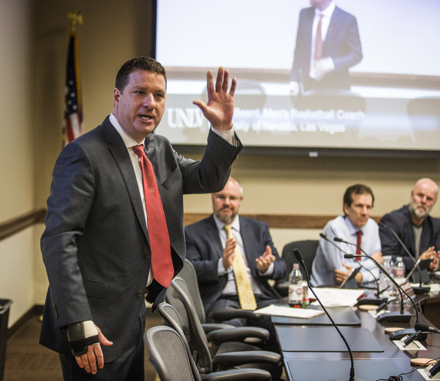 New UNLV basketball coach Chris Beard waves to supporter after University of Nevada Board of Regents approved his contract on Friday, April 8,2016. Jeff Scheid/Las Vegas Review-Journal Follow @jl ...