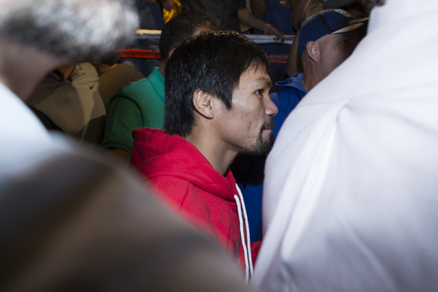 Manny Pacquiao arrives at the MGM Grand Garden Arena in advance of his boxing fight this weekend on Tuesday, April 5, 2016, in Las Vegas. Pacquiao will fight Timothy Bradley for a third time. Erik ...