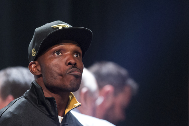 Timothy Bradley stands on stage during a weigh-in at the MGM Grand Garden Arena on Friday, April 8, 2016, in Las Vegas. Bradley will fight for a third time against Manny Pacquiao tomorrow night. E ...