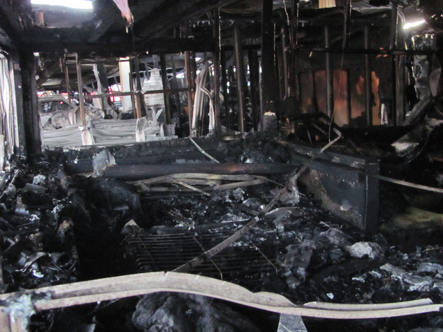 The inside of a travel trailer is shown following a fire at the Storage at Summerlin business on West Lake Mead Boulevard on Saturday, April 9, 2016. The fire damaged or destroyed 37 boats, RVs, t ...