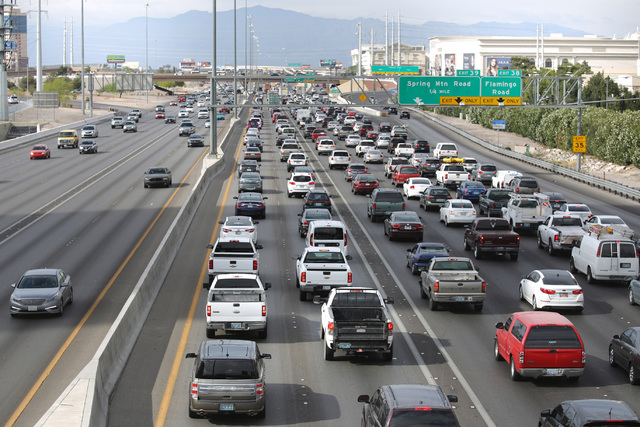 Traffic backs up on northbound I-15 near the Strip in Las Vegas, on Friday, April 8, 2016. Brett Le Blanc/Las Vegas Review-Journal Follow @bleblancphoto