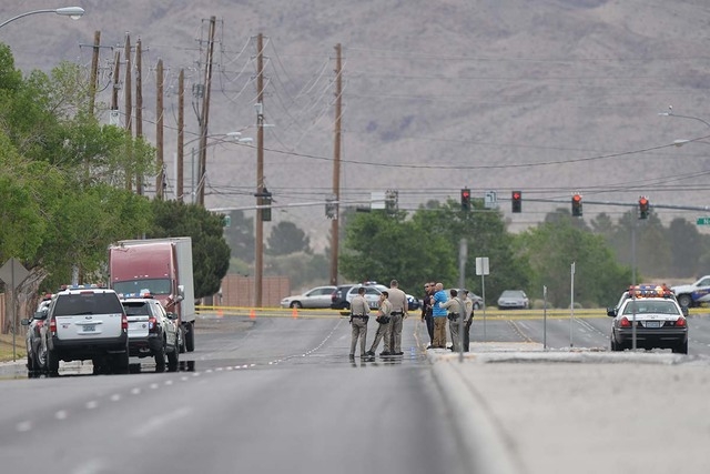 Police investigate the scene of a fatal accident involving a stolen truck the intersection of Cheyenne Avenue and Lamont Street in Las Vegas on Friday, April 8, 2016. (Brett Le Blanc/Las Vegas Rev ...