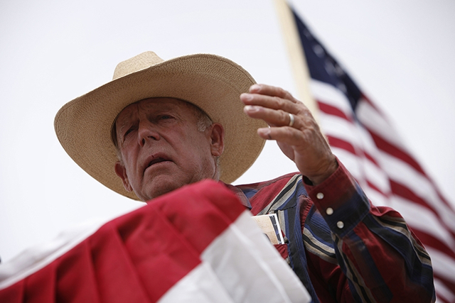 Cliven Bundy speaks at a protest camp near Bunkerville on Friday, April 18, 2014. (John Locher/Las Vegas Review-Journal)