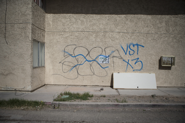 Gang graffiti is seen near N. Lamb Boulevard and Stewart Avenue on Tuesday, April 19, 2016, in Las Vegas. Erik Verduzco/Las Vegas Review-Journal Follow @Erik_Verduzco