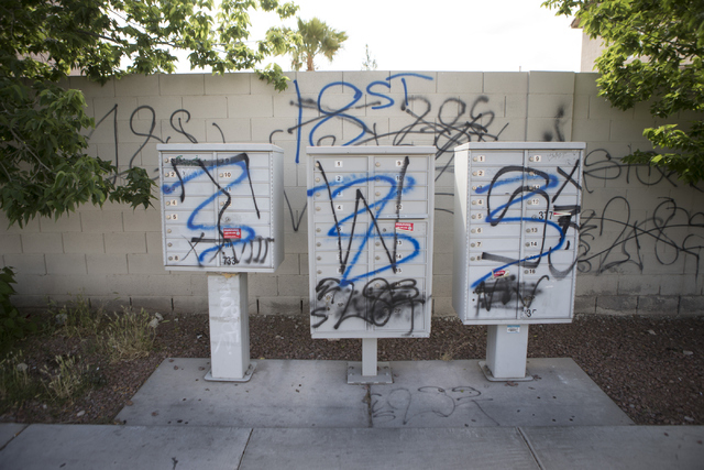 Gang graffiti is seen near Washington Avenue and Ringe Lane on Tuesday, April 19, 2016, in Las Vegas. Erik Verduzco/Las Vegas Review-Journal Follow @Erik_Verduzco
