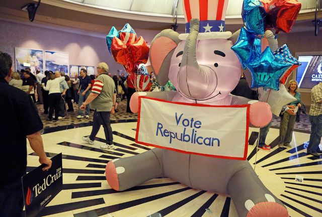 A large inflatable display is shown near registration at the Clark County Republican Party county convention at the Rio hotel-casino Saturday, April 9, 2016, in Las Vegas. Ronda Churchill/Las Vega ...