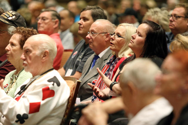 People listen and react to a candidate speech at the Clark County Republican Party county convention at the Rio hotel-casino Saturday, April 9, 2016, in Las Vegas. Ronda Churchill/Las Vegas Review ...