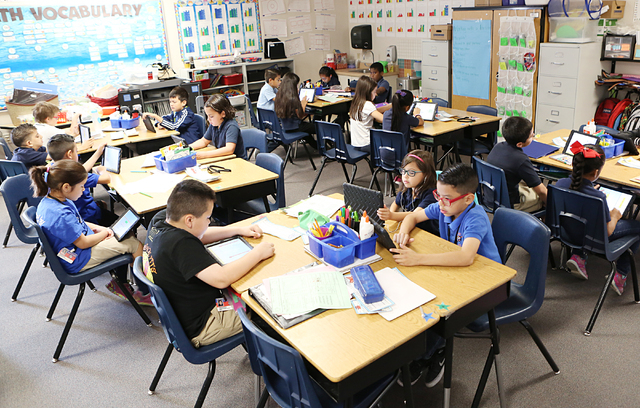 Second-grade students at Roundy Elementary School attend their classes Wednesday, April 5, 2016. The Clark County School Board on Wednesday unanimously approved a 2016-17 tentative budget, which i ...