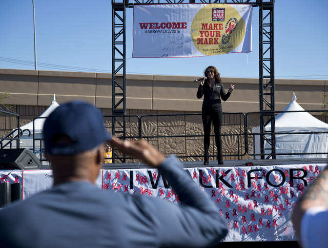 Rachel Tyler sings the national anthem during opening ceremonies for the 26th annual Aid for AIDS of Nevada (AFAN) AIDS Walk Las Vegas at Town Square in Las Vegas on Sunday, April 17, 2016. Daniel ...