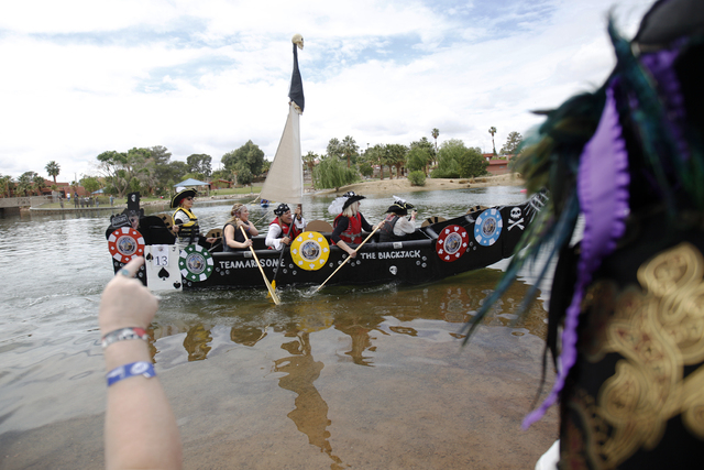 Team Marrsome races during the Cardboard Regatta at the Pirate Fest at Lorenzi Park in Las Vegas Sunday, April 10, 2016. (Rachel Aston/Las Vegas Review-Journal)l Follow @rookie__rae
