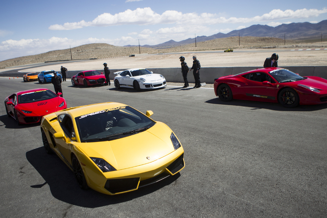 Exotic cars are seen during the ceremonial track opening for SPEEDVEGAS on Friday, April 15, 2016, in Las Vegas. (Erik Verduzco/Las Vegas Review-Journal Follow @Erik_Verduzco)