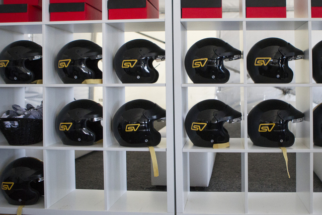 Driving helmets are seen during the ceremonial track opening for SPEEDVEGAS on Friday, April 15, 2016, in Las Vegas. (Erik Verduzco/Las Vegas Review-Journal Follow @Erik_Verduzco)
