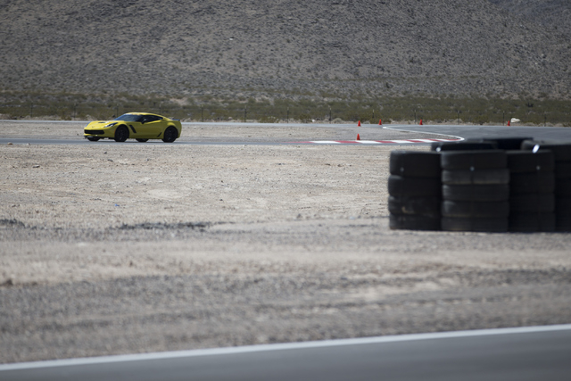 A driver takes a lap in a Corvette Z06 during the ceremonial track opening for SPEEDVEGAS on Friday, April 15, 2016, in Las Vegas. (Erik Verduzco/Las Vegas Review-Journal Follow @Erik_Verduzco)