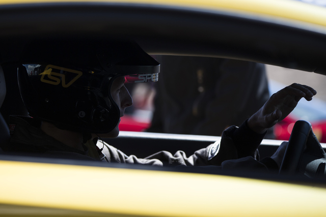 A driver gets ready to take a lap during the ceremonial track opening for SPEEDVEGAS on Friday, April 15, 2016, in Las Vegas. (Erik Verduzco/Las Vegas Review-Journal Follow @Erik_Verduzco)