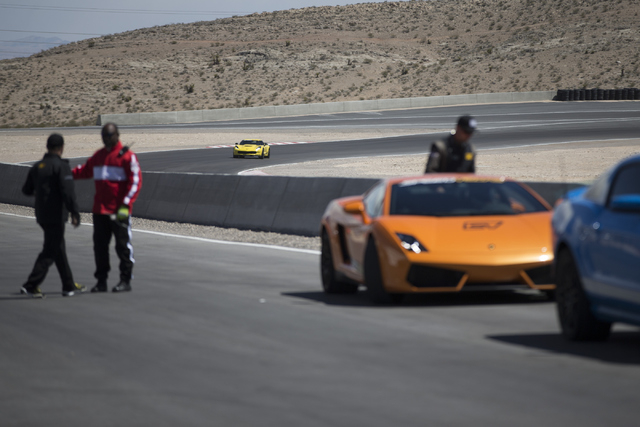 A driver takes a lap in a Corvette Z06 during the ceremonial track opening for SPEEDVEGAS on Friday, April 15, 2016, in Las Vegas. (Erik Verduzco/Las Vegas Review-Journal Follow @Erik_Verduzco)