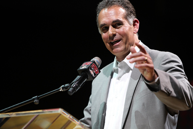 Danny Tarkanian, son of hall of fame coach Jerry Tarkanian, speaks during a public memorial for his father at the Thomas & Mack Center in Las Vegas Sunday, March 1, 2015. (Erik Verduzco/Las Ve ...