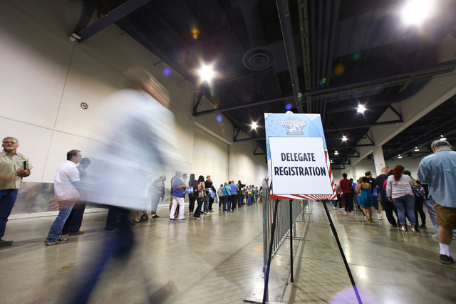 People line up to register at the Clark County Democratic Party Convention at Cashman Center in Las Vegas on Saturday, April 2, 2016. (Chase Stevens/Las Vegas Review-Journal) Follow @csstevensphoto