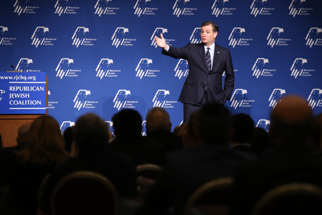 Republican presidential candidate, Sen. Ted Cruz, R-Texas, speaks to the Republican Jewish Coalition at the Venetian in Las Vegas on Saturday, April 9, 2016. Brett Le Blanc/Las Vegas Review-Journa ...