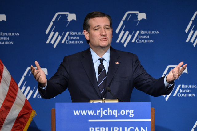 Republican presidential candidate, Sen. Ted Cruz, R-Texas, speaks to the Republican Jewish Coalition at the Venetian in Las Vegas on Saturday, April 9, 2016. Brett Le Blanc/Las Vegas Review-Journa ...