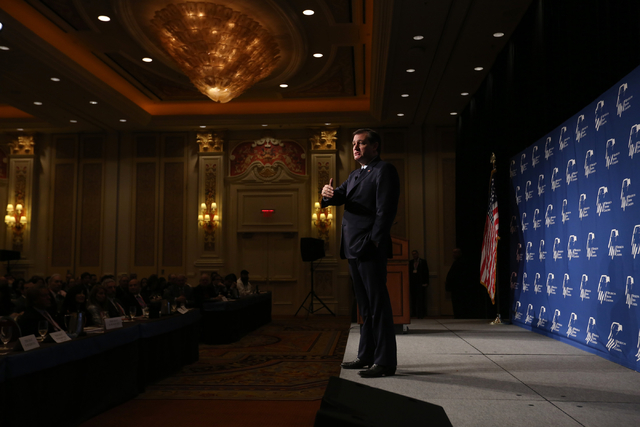 Republican presidential candidate, Sen. Ted Cruz, R-Texas, speaks to the Republican Jewish Coalition at the Venetian in Las Vegas on Saturday, April 9, 2016. Brett Le Blanc/Las Vegas Review-Journa ...