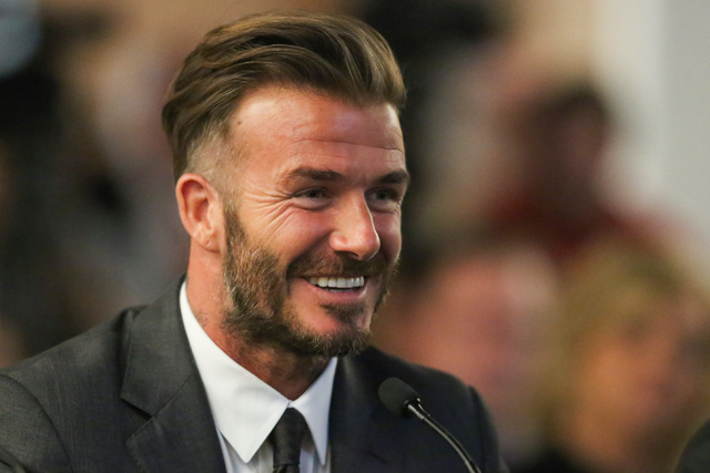 David Beckham talks with the Southern Nevada Tourism Infrastructure Committee about the possibility of bringing an MLS team to Las Vegas during a meeting at UNLV in Las Vegas on Thursday, April 28 ...