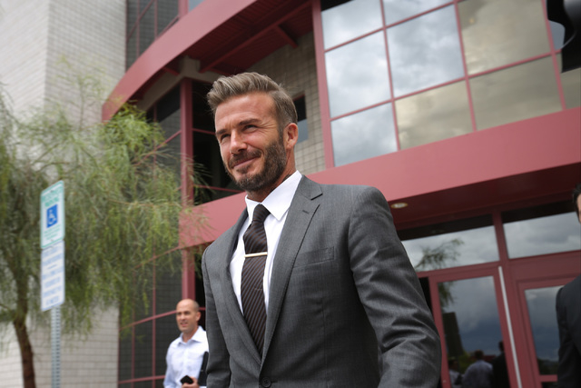 David Beckham leaves a Southern Nevada Tourism Infrastructure Committee meeting about building a multi-use stadium in Las Vegas at UNLV in Las Vegas on Thursday, April 28, 2016. (Brett Le Blanc/La ...
