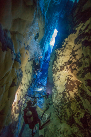 Divers count endangered pupfish and record high-definition video inside Devil's Hole, 90 miles west of Las Vegas, in April 2015. (Brett Seymour/National Park Service)