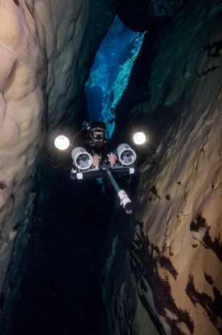 Diver Jeff Goldstein operates a high-definition stereo-video camera used to chart the size of endangered pupfish inside Devil's Hole, 90 miles west of Las Vegas, in April 2015. (Brett Seymour/Nati ...