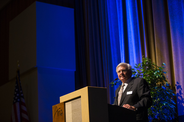 Desert Research Institute President Stephen Wells speaks during an event honoring 2016 DRI Nevada Medalist Dr. Mary "Missy" Cummings at the Aria hotel-casino in Las Vegas on Thursday, April 14, 20 ...