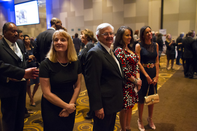 2016 DRI Nevada Medalist Dr. Mary "Missy" Cummings, left, and Desert Research Institute President Stephen Wells, center right, are shown during an event honoring Cummings at the Aria hotel-casino  ...