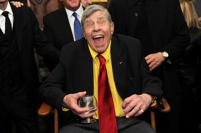 Jerry Lewis interacts with the press at the Friars Club before his 90th birthday celebration on Friday, April 8, 2016, in New York. (Brad Barket/Invision/AP)