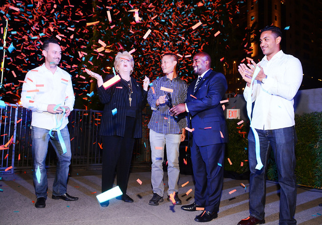 Center (l-r)  Mayor Carolyn G. Goodman, Zappo's CEO Tony Hsieh and Las Vegas City Councilman Ricki Barlow at the ribbon-cutting for the Oasis at the Gold Spike Hotel and Casino on Oct. 29, 2014. ( ...
