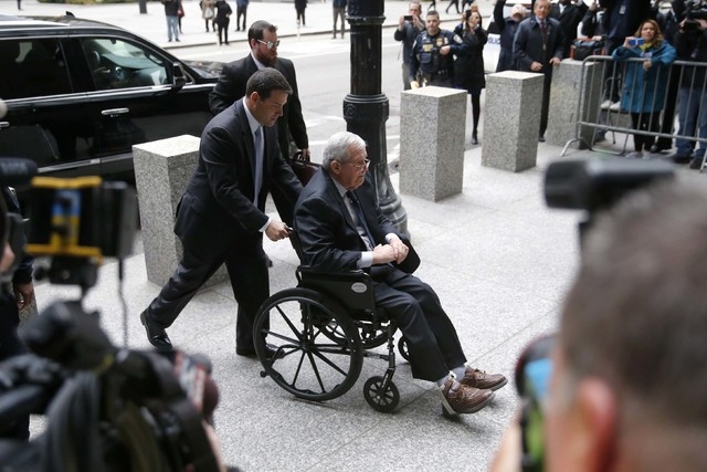 Former House Speaker Dennis Hastert arrives at the federal courthouse on Wednesday, April 27, 2016, in Chicago, for his sentencing on federal banking charges which he pled guilty to last year. (Ch ...