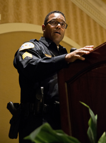 Henderson Police Sgt. Kirk Moore speaks about a bill aimed at decreasing the number of squatters living in vacant homes during the Greater Las Vegas Association of Realtors general membership meet ...