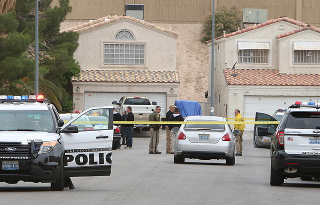 Las Vegas police are investigating a homicide at the 3800 block of James Paul Avenue, near East Sahara Avenue and South Sandhill Road on Monday, April 25, 2016. (Bizuayehu Tesfaye/Las Vegas Review ...