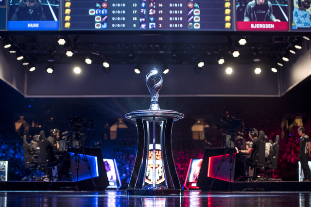 The championship trophy is seen on stage while Counter Logic Gaming battles against TSM during the North America League of Legends Championship Series Spring Final at the Mandalay Bay Event Center ...