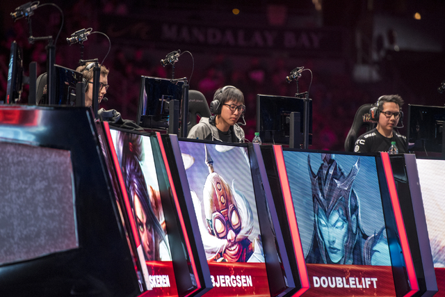 TSM battles against Counter Logic Gaming during the North America League of Legends Championship Series Spring Final at the Mandalay Bay Event Center in Las Vegas on Sunday, April 17, 2016. Counte ...