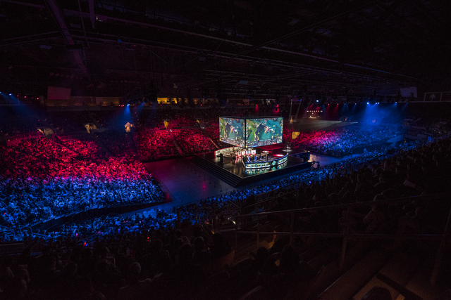 The arena is shown as Counter Logic Gaming battles against TSM during the North America League of Legends Championship Series Spring Final at the Mandalay Bay Event Center in Las Vegas on Sunday,  ...