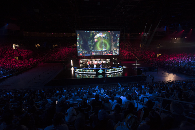 The arena is shown as Counter Logic Gaming battles against TSM during the North America League of Legends Championship Series Spring Final at the Mandalay Bay Event Center in Las Vegas on Sunday,  ...