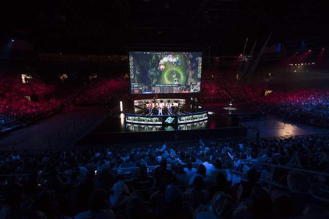 The arena is shown as Counter Logic Gaming battles against TSM during the North America League of Legends Championship Series Spring Final at the Mandalay Bay Event Center in Las Vegas on Sunday, ...