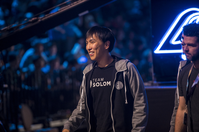 TSM player Yiliang "Doublelift" Peng walks off stage during an intermission against Counter Logic Gaming during the North America League of Legends Championship Series Spring Final at the Mandalay ...