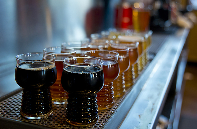Sample glasses of beer await customers during the grand opening of Lovelady Brewery and Taproom in downtown Henderson on Friday, April 1, 2016. (Daniel Clark/Las Vegas Review-Journal) Follow @DanJ ...