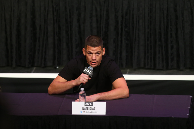 UFC fighter Nate Diaz speaks during a press conference ahead of UFC 200 at the MGM Grand hotel-casino in Las Vegas on Friday, April 22, 2016. (Chase Stevens/Las Vegas Review-Journal) Follow @csste ...
