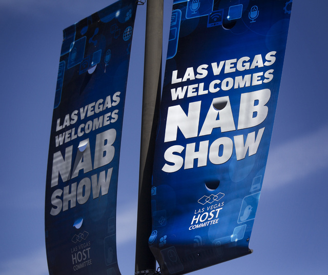 A  National Association of Broadcasters Show banner is seen National Association of Broadcasters Show in front of the Las Vegas Convention Center, 3150 Paradise Road Nearly 100,000 attendee are ex ...