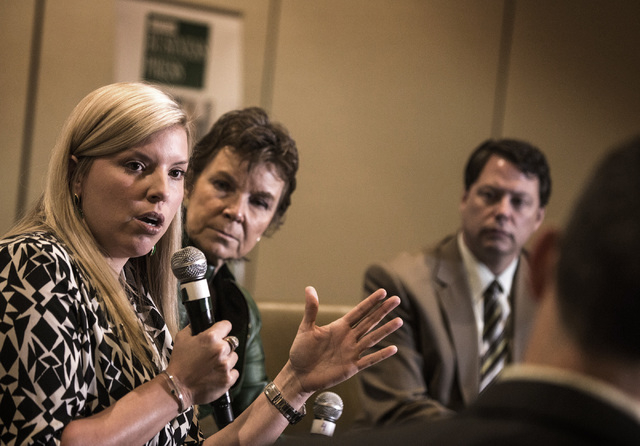 Nevada State Board of Education Vice President Allison Serafin, left, speaks during Newsfeed Breakfast at the Four Seasons Hotel Las Vegas on Tuesday, March 17, 2015. (Jeff Scheid/Las Vegas Review ...