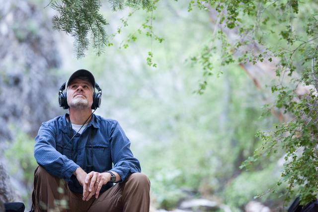 Fred Bell listens to the sounds of nature through his recording equipment in Fletcher Canyon at Mount Charleston on Thursday, June 19, 2014. Bell goes to various areas to record the sounds of natu ...